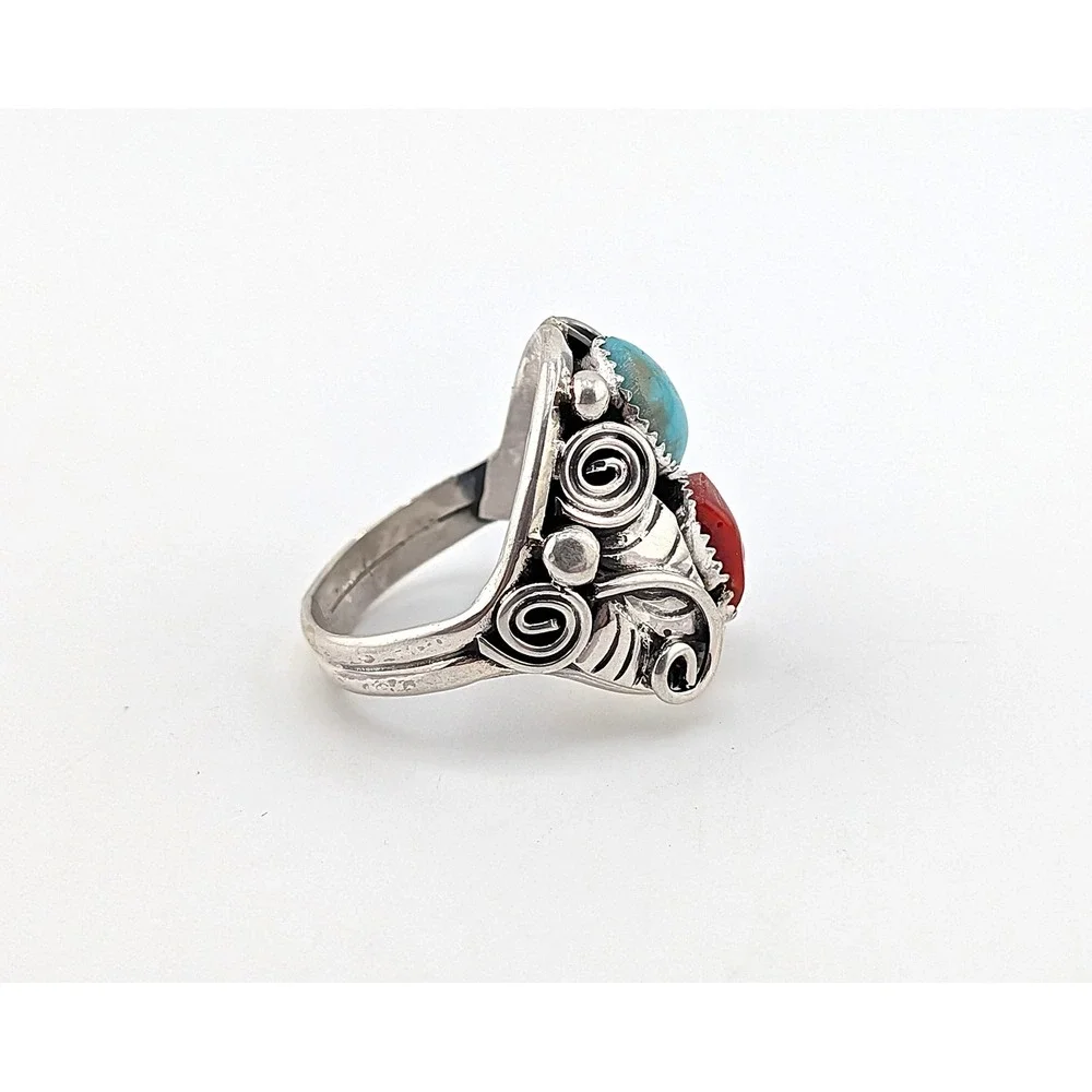 Navajo Men's Ring Sterling Turquoise Coral by Lorena Brown‎ 10.5 Southwest **